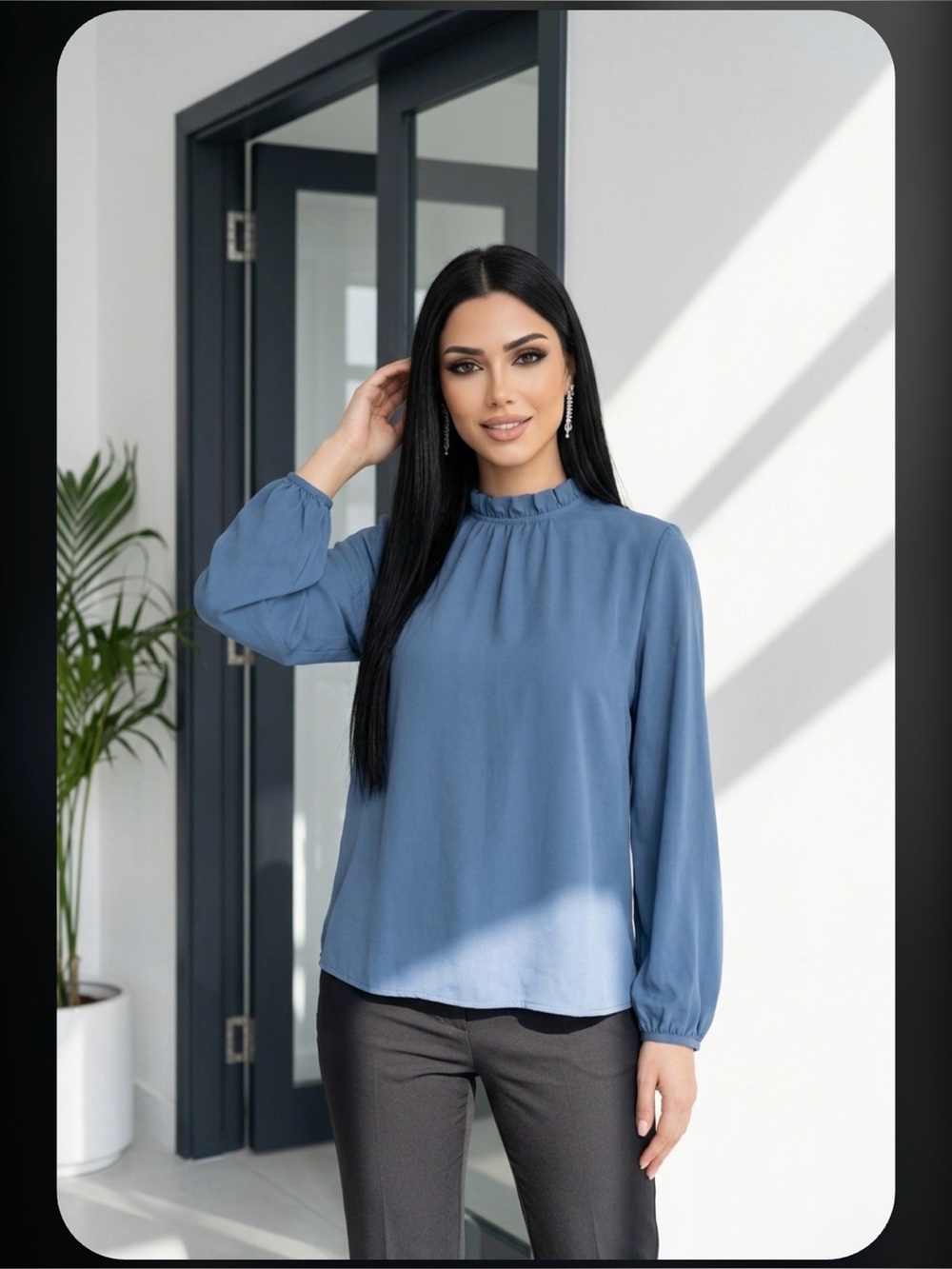 Ruffled High-Neck Blouse in Dusty Blue